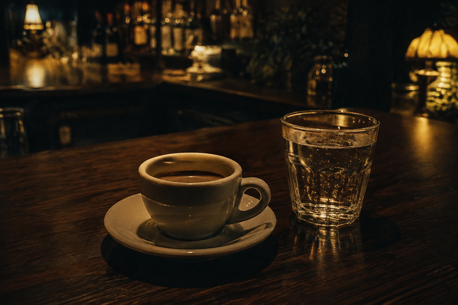 Espresso and sparkling water on a walnut counter in a warmly lit evening café